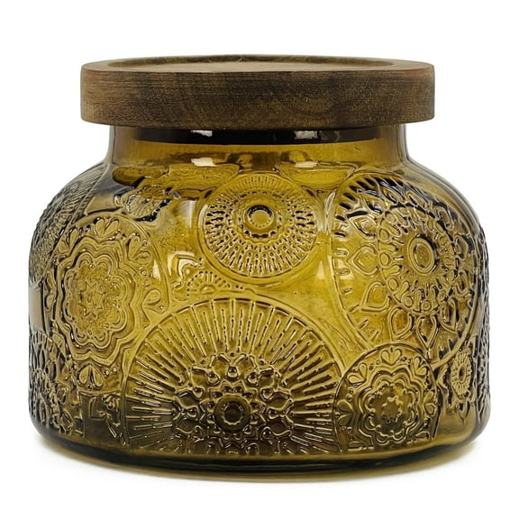 Lingshine 24.5 oz Decorative Glass Jars with Airtight Wooden Lids - Amber Flower, Vintage Kitchen Food Storage Containers for Cookie Candy Spice Coffee Tea, Home Decor Candle Vase