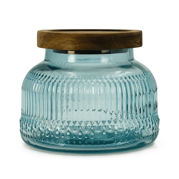 Lingshine 24.5 oz Decorative Glass Jars with Airtight Wooden Lids - Blue Ribbed, Vintage Kitchen Food Storage Containers for Cookie Candy Spice Coffee Tea, Home Decor Candle Vase