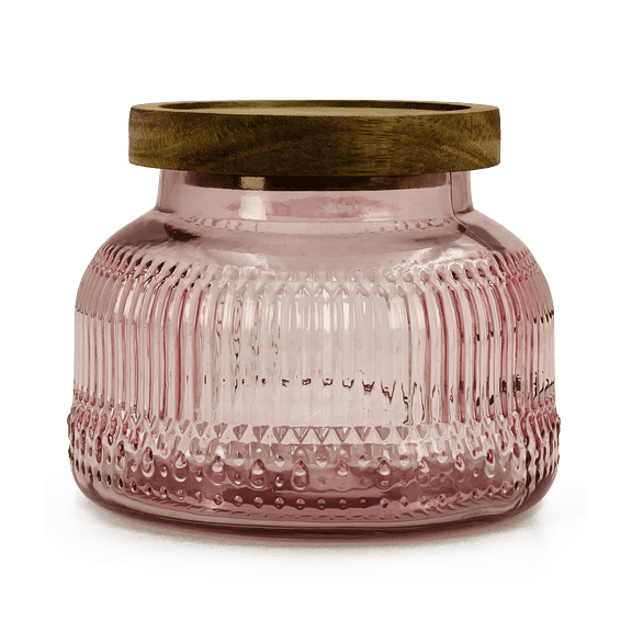 Lingshine 24.5 oz Decorative Glass Jars with Airtight Wooden Lids - Pink Ribbed, Vintage Kitchen Food Storage Containers for Cookie Candy Spice Coffee Tea, Home Decor Candle Vase