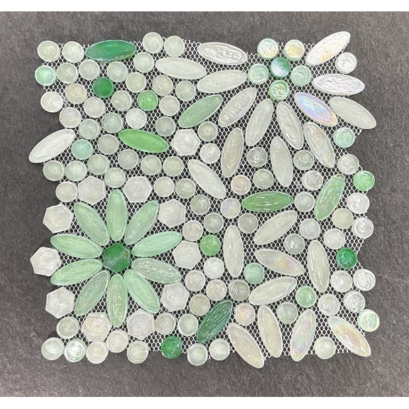 Decorative Glass Mosaic Tile, Floral Pattern, Green, Light Green and White, for Kitchen Backsplash & Bathroom Wall, Case (10 Sheets)