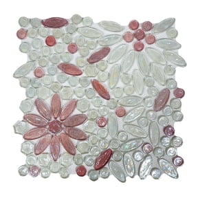Decorative Glass Mosaic Tile, Floral Pattern, Pink and White, for Kitchen Backsplash & Bathroom Wall, Case (10 Sheets)