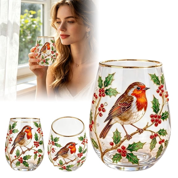 Decorative Glass Tumbler with Gold Rim â 11 oz Nature Art Stemless Cup â Elegant Floral & Bird Design for Tea, Water & Juice â Gift for Home, Kitchen & Dining â Available in 3 Styles