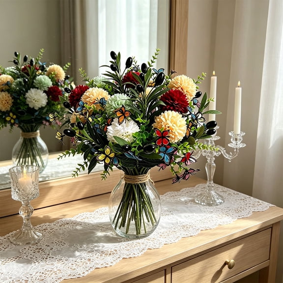 Decorative Glass Vase Floral Arrangement Set, Modern Table Centerpiece Vase for Artificial Flowers, Elegant Home Living Room Bedroom Dining Entryway Shelf Decor