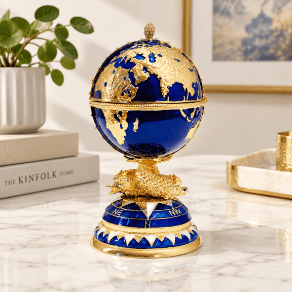 Decorative Globe Trinket Box, Blue Enamel -Toned World Map Design