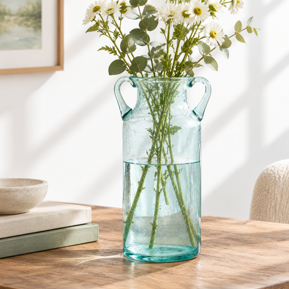 Decorative Glvase 11" Tall Bubble Air Flower With Handles Handblown Jug For Dining Room Bedroom Bathroom Mantel