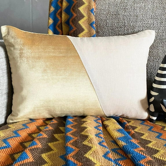 Decorative Gold 12"x18" (30x45 cm) Lumbar Pillow Cover, Velvet & Linen Solid Color Block Oblong Pillow, Patchwork Pattern Modern Style - Velutinous Gold