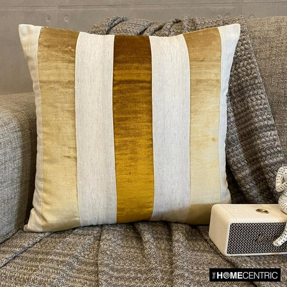 Decorative Gold 20"x20" (50x50 cm) Pillow Covers, Velvet & Linen Patchwork Throw Pillows For Sofa, Striped Pattern Modern Style - Velvet Band Gold