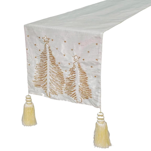 Decorative Gold 4 Seater Table Runner (14 x 60 inch) Silk Table Linen, Zari Embroidery, Christmas Tree, Handmade Table Runner for Holiday, Party, Dining, Christmas Hosting, Gifts - Gold Twilight Pine