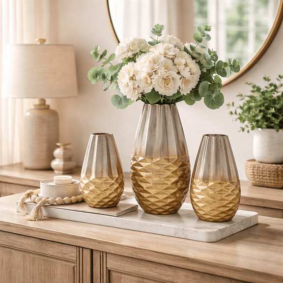 Expobazaar Decorative Vase | Golden Beehive Design Vases |Set of 3 | Table Accents