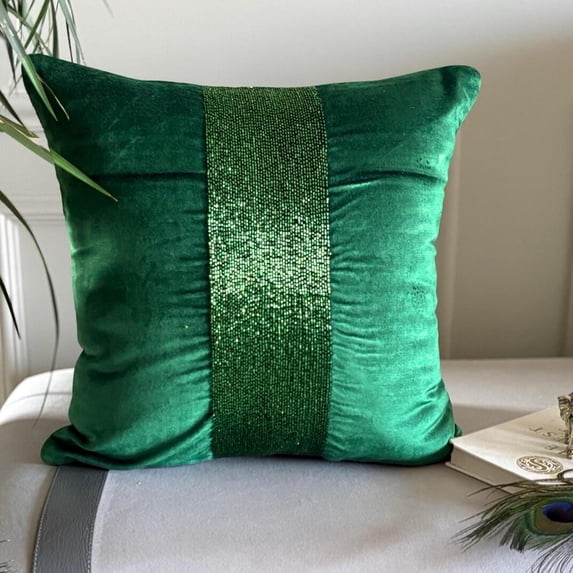 Decorative Green 12"x12" (30x30 cm) Throw Pillow Covers, Velvet Beaded Embroidery Throw Pillows For Sofa, Solid Color Pattern Modern Style - Esmeralda
