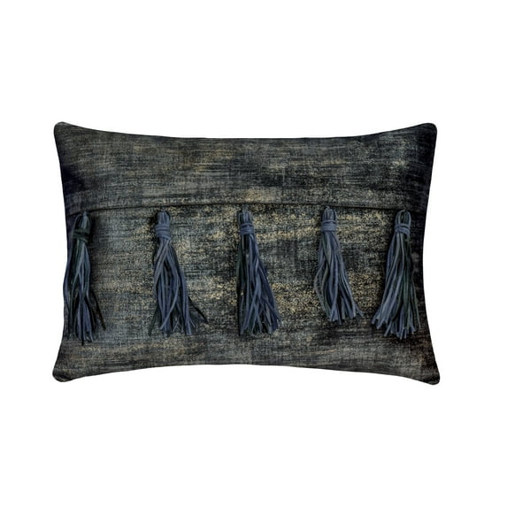 Decorative Grey 12"x20" (30x50 cm) Lumbar Pillow Cover, Velvet Suede Foil, Textured & Tassels Oblong Pillow, Solid Color Pattern Modern Style - Tassels N Grey