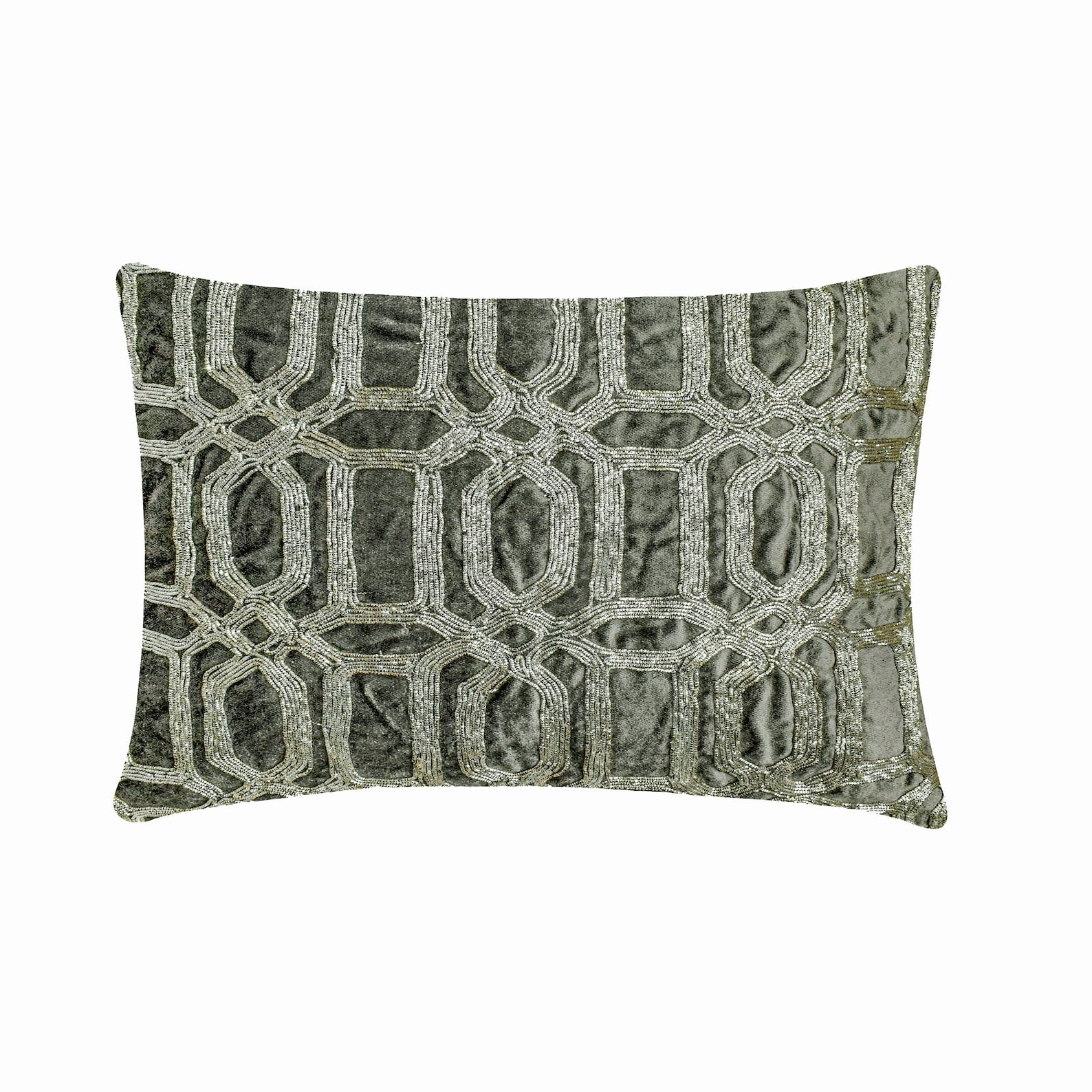 Decorative Grey 12"x22" (30x55 cm) Lumbar Pillow Cover, velvet Zardozi Embroidery & Handmade