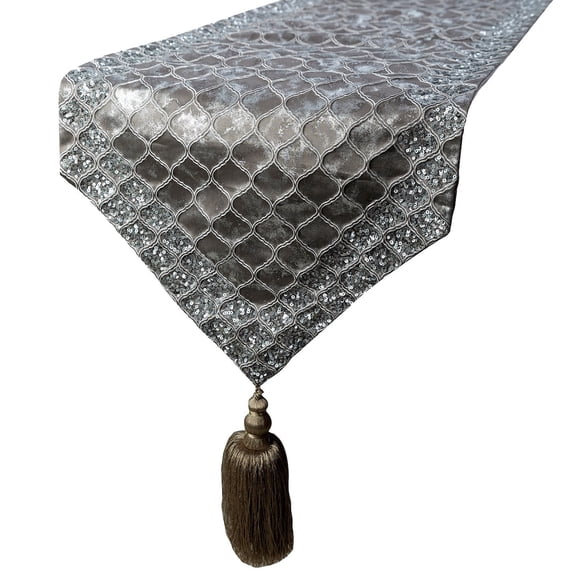 Decorative Grey & Silver Table Runner 4 Seater Table Runner (14 x 60 inch), Sequins Border, Tassels, Foil Lattice Table Runner, Silk fabric Table Linen, Geometric Modern - Silver Mesh