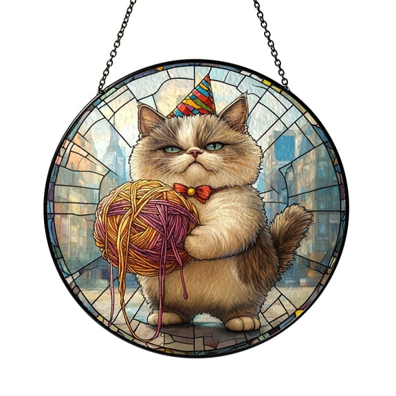 Decorative Grumpy White Cat Acrylic Holographic Window Hanging Suncatcher, Yarn Ball Cat Window Panel Art, Prism Window Decoration Gift