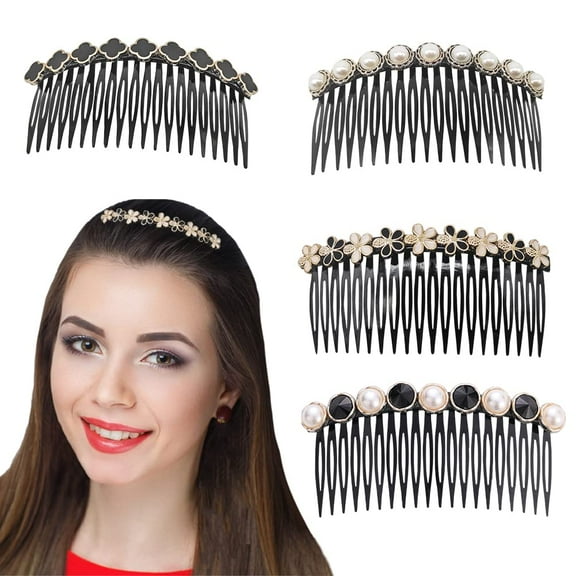 Decorative Hair Side Combs Set of 4, Pearl Black Hair Accessories for Women, French Twist Hair Tool