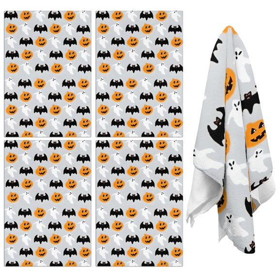 Decorative Halloween Kitchen Towels Set of 4, 18x26 Inch Absorbent Tea Towels with Ghost, Witch and Pumpkin Prints, Soft Hand Towels for Kitchen, Bar, Coffee Corner or Fall Home Decor