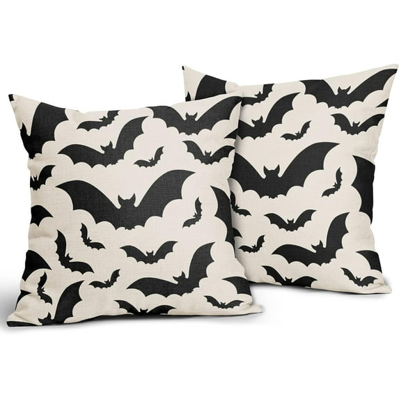 Decorative Halloween Throw Pillow Covers 18x18 Set of 2 Halloween Room Decor Black Halloween Bats Pillowcase Holiday Decorations Outdoor Square Linen Cushion Case for Home Bed Sofa Couch