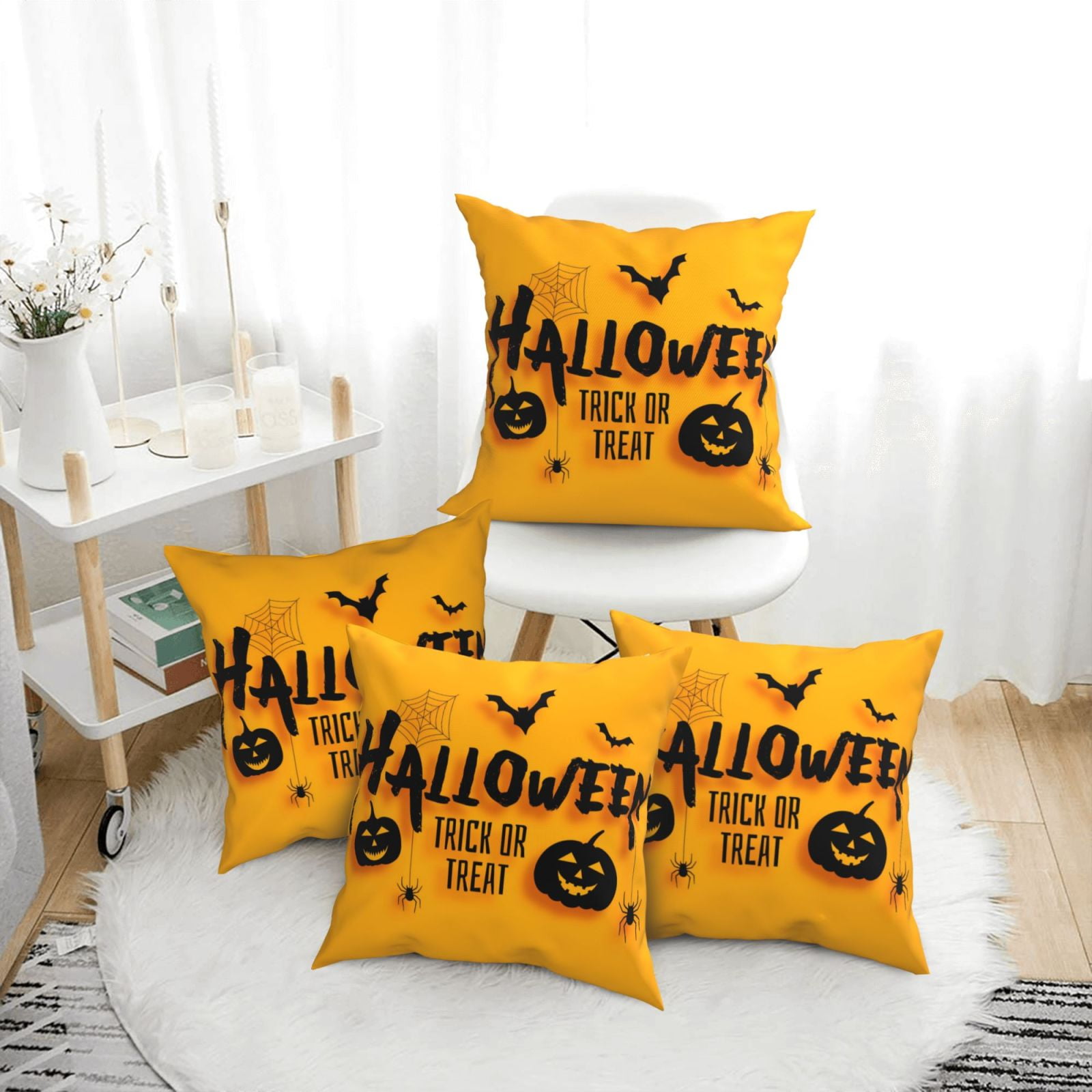 Decorative Halloween Throw Pillow Covers， Happy Halloween Yellow 4 Pack