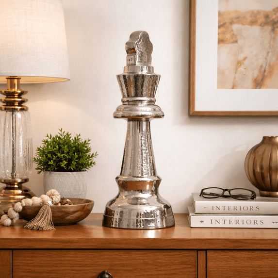 Expobazaar Sculpture | Decorative Hammered Nickel Finish Chess King Elegant Table Accent | 5.5x5.5x14"