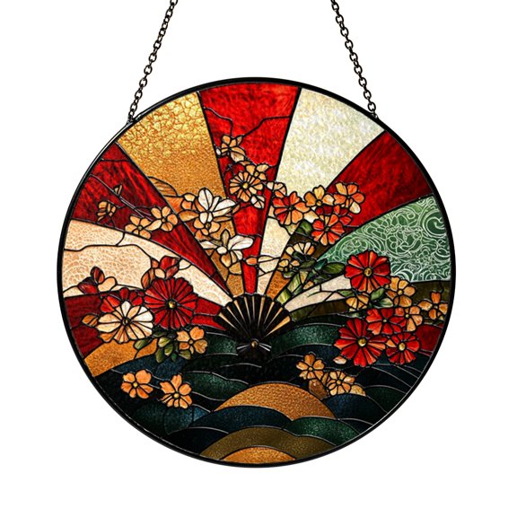 Decorative Hand Fan Flower Stained Glass Style Suncatcher Window Hanging, Red Sunrise Floral Window Panel, Botanical Inspired Glass Style Art Decor, Elegant Garden Theme Window Ornament