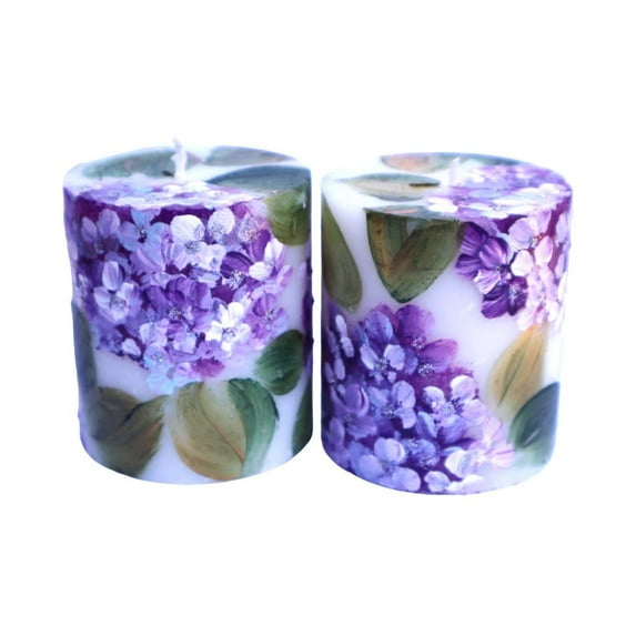 Decorative Hand Painted Purple Lavender Hydrangea Flowers Short Pillar Candles Set of Two Romantic Floral Decor