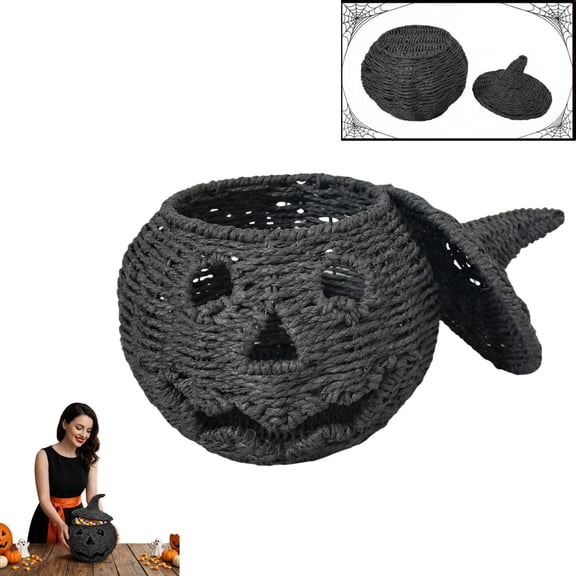 Decorative Handwoven Halloween Pumpkin Basket, Black Woven Jack-O'-Lantern with Lid, Candy Storage Trick or Treat Bucket for Home Party Festival Display Decor