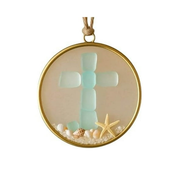 Decorative Hanging 8cm Sea Glass Christmas Ornament in White with Golden Round Frame Beach Themed Coastal Decor for Holiday Tree Single Piece JASKFLY