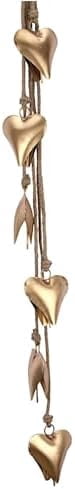 Decorative Hanging Cow Bells – 45” Metal Wind Chime with 6 Heart-Shap Bells on Rope - Vintage Farmhouse Boho Bell Garland for Christmas, Home, Porch, Entryway, Garden & Fireplace (Gold Heart)