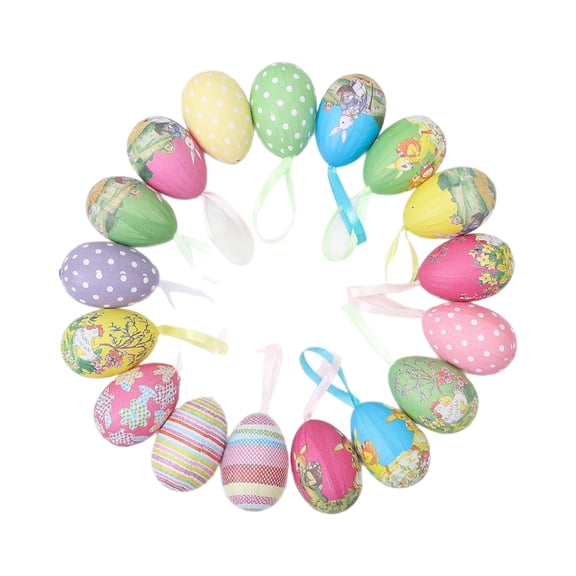 Decorative Hanging Easter Eggs Set of 18 Pieces with Printed Patterns and Ribbons for Holiday Party Home Indoor Outdoor Display