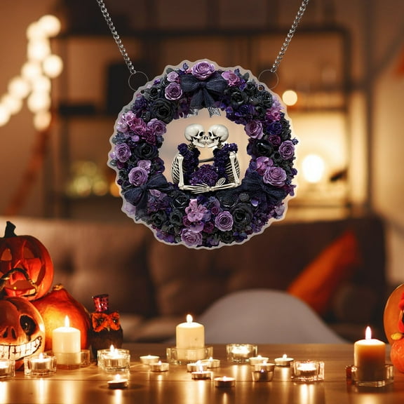 Decorative Hanging Ornaments - Halloween Pumpkin Skull Person Wreath Acrylic Round Disk Hanging Ornament Colorful Window Decoration Porch Hanging Ornament