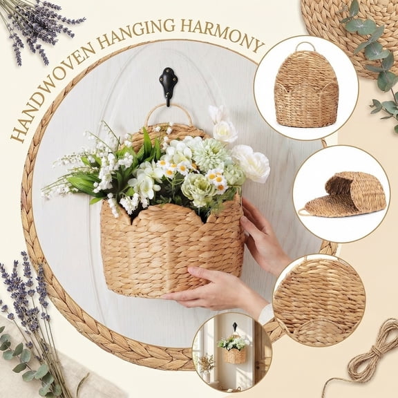Decorative Hanging Storage Basket: Handwoven Water Hyacinth Door Basket with Scalloped Rim, Functional Wall Organizer for Flowers, Mails and Garden Tools