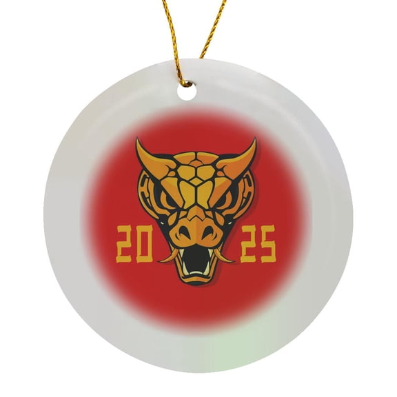 3drose, Decorative Head of a Chinese Snake. Chinese Zodiac 2025. Red, Yellow, Circle Porcelain Ornament