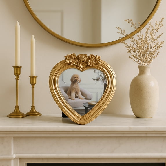 Decorative Heart Photo Frame with Roses Top Detailing - Ornate Frame Perfect for Tabletop, Living Room, and Bedroom Decor - Stylish Home Decor for Dorm, Hallway, or Entrance Wall Display - 7", Gold