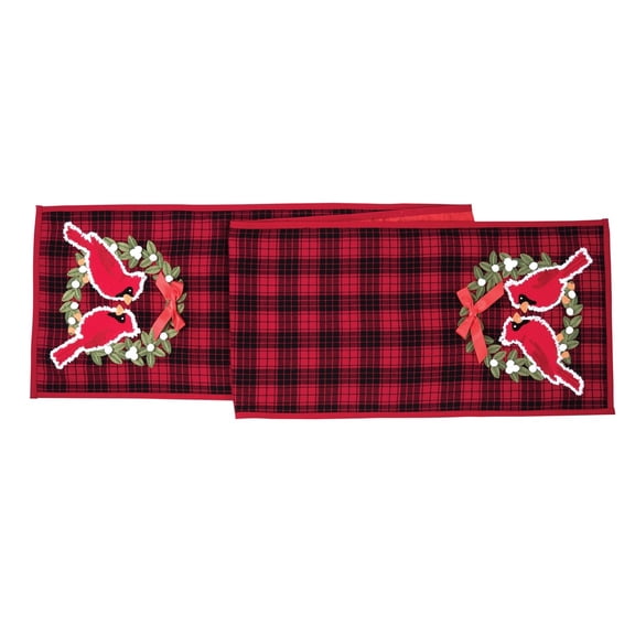 Cardinals Sitting on Wreath Red & Black Plaid 100% Cotton Christmas Table Runner 13" x 72"