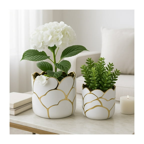 Decorative Home Decor Planters with Flower Pots - Perfect Style for Indoor Plants, Planters for Outdoor Plants, and Plant Pots - Elegant Pots for Plant Stand Decor Set of 2 - 6" White & Gold