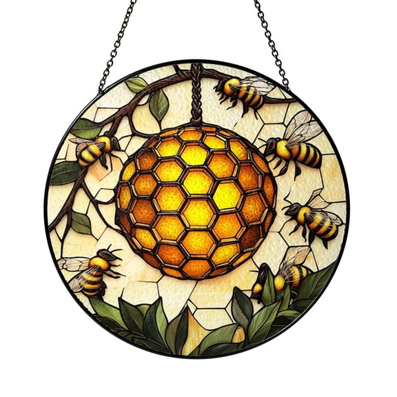 Decorative Honeycomb Bee Window Hanging Stained Glass Style Suncatcher, Bumblebee Flower Branch Window Panel Art, Garden Window Decoration Gift