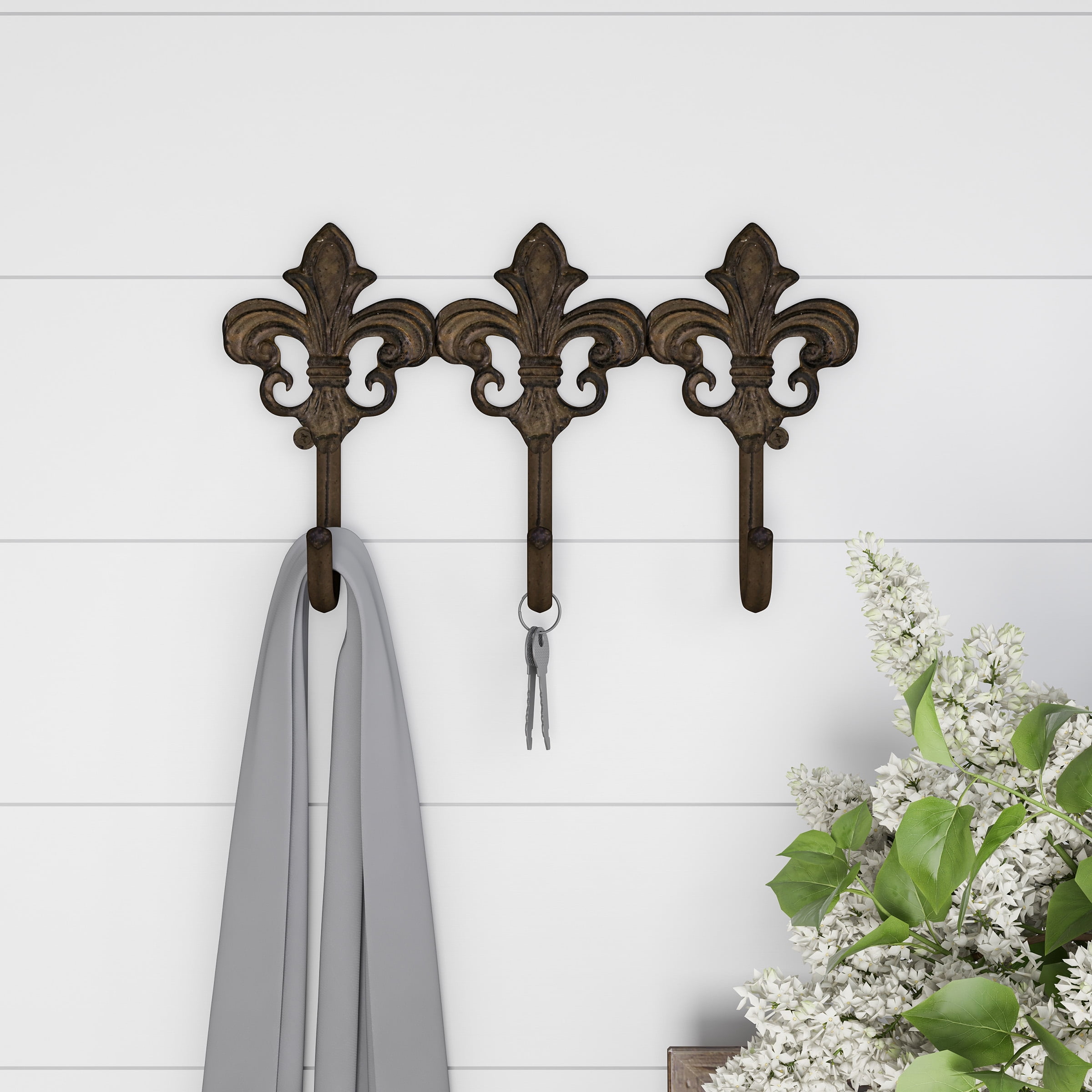 Decorative Hooks-3-Pronged Cast Iron Shabby Chic Rustic Fleur De Lis Wall  Mount Hooks for Coats, Hats, Jewelry, and More by Lavish Home (Brown)