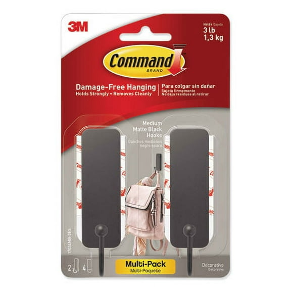 Decorative Hooks, Medium, Matte Black, 2 Hook And 4 Strips/pack | Bundle of 5 Packs