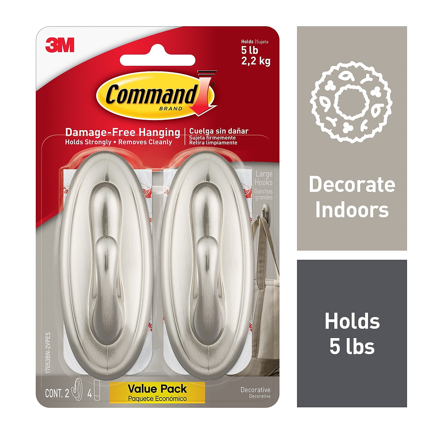 Decorative Hooks, Traditional, Large, 5 Lb Capacity, Brushed Nickel, 2 Hooks And 4 Strips/pack | Bundle of 5 Packs
