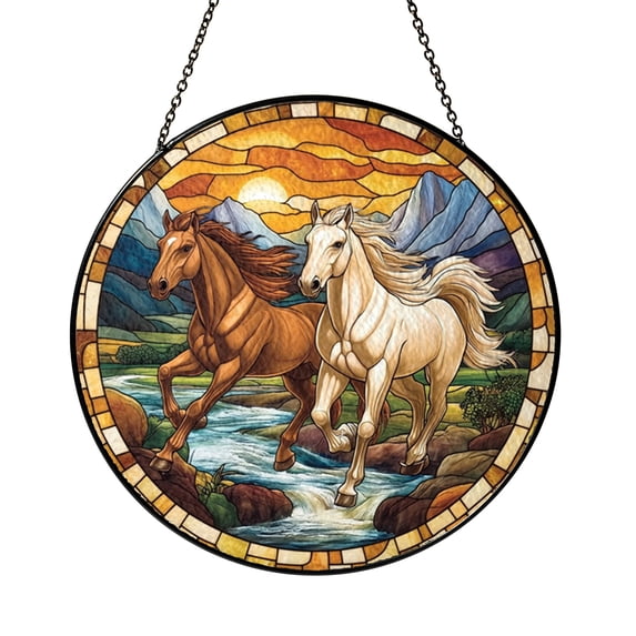 Decorative Horse Ranch Stained Glass Round Window Suncatcher, Rustic ...