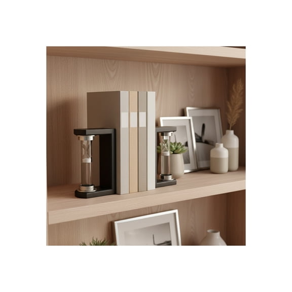 Decorative Hourglass Bookends for Bookshelf Decor - Elegant Book Ends for Book Accessories, Shelf, or Office Decor - Modern Desk Decor, Home Library, or Console Table Decor - Set of 2, 8", Black