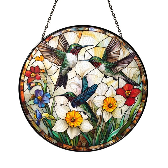 Decorative Hummingbird Glass Style Window Art – Floral Theme