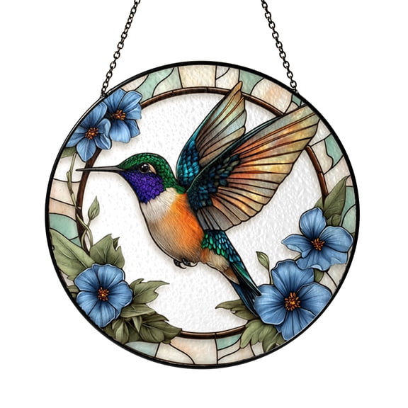Decorative Hummingbird Stained Glass Sun Catcher, Forget Me Not Flower Window Hanging, Colorful Nature Art Light Reflection Decor