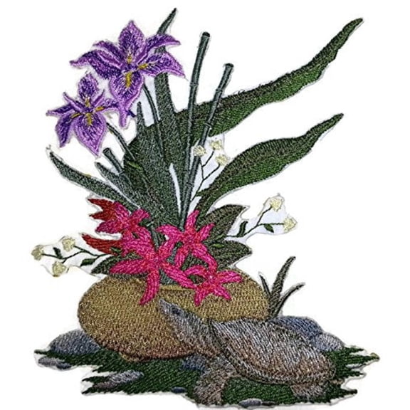 Decorative Ikebana And Turtle Embroidered Iron on/Sew patch [5.87" X 4.87"]
