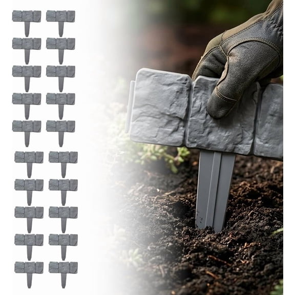 Decorative Imitation Stone Garden Fence: Plastic Edging Border Faux Stone Landscape Edging with Interlocking Spikes - Flexible Plastic Lawn Edging for Flower Beds, Yard, Pathway (10, Black)