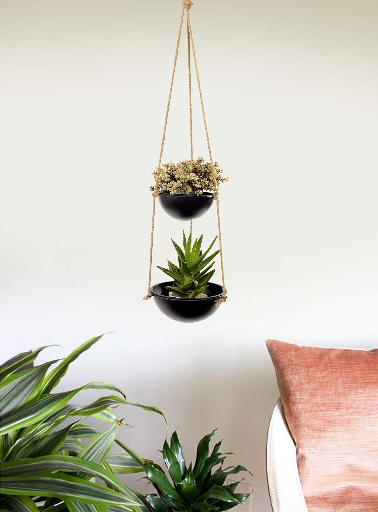 Decorative Indoor Outdoor Hanging Planter with 2 Pots and Jute Rope and Metal Hanger for Hallway Balcony Patio Deck Home Decor in Black Color for Live & Feaux Plants - Set of 2