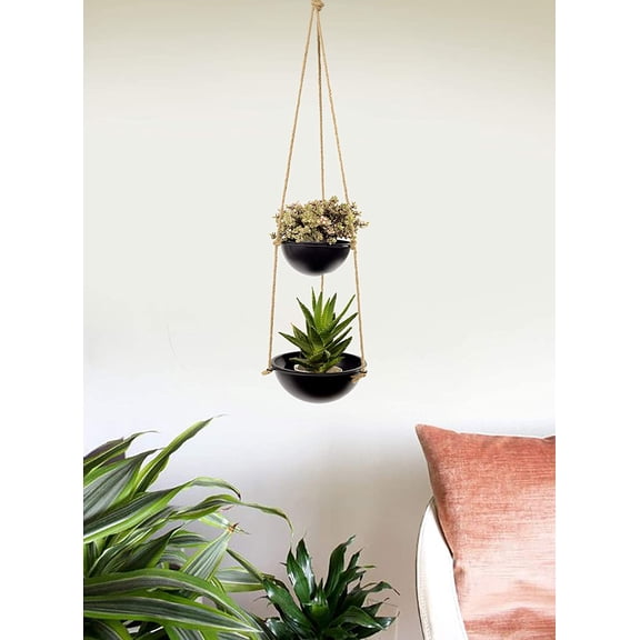 Decorative Indoor Outdoor Hanging Planter with 2 Pots and Jute Rope and Metal Hanger for Hallway Balcony Patio Deck Home Decor in Black Color for Live & Feaux Plants