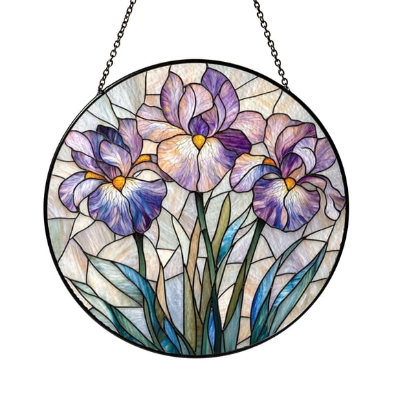 Decorative Iris Flower Stained Glass Style Suncatcher Window Hanging, Botanical Glass Panel Art Window Ornament Home Decor Gift