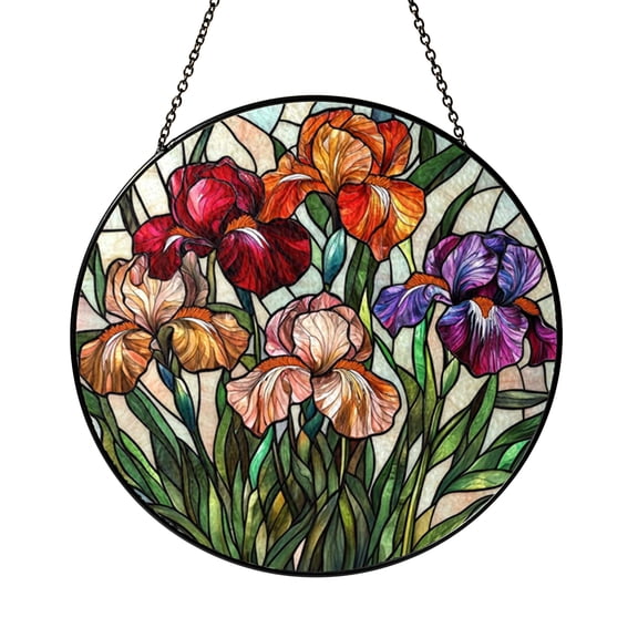 Decorative Iris Stained Glass Style Round Window Hanging, Floral Art Panel, Decorative Glass Style Window Decor for Classic Botanical Home Accent