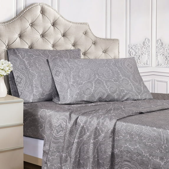 BNM Italian Paisley Cotton Blend Sheet Set, Queen, Dark Grey